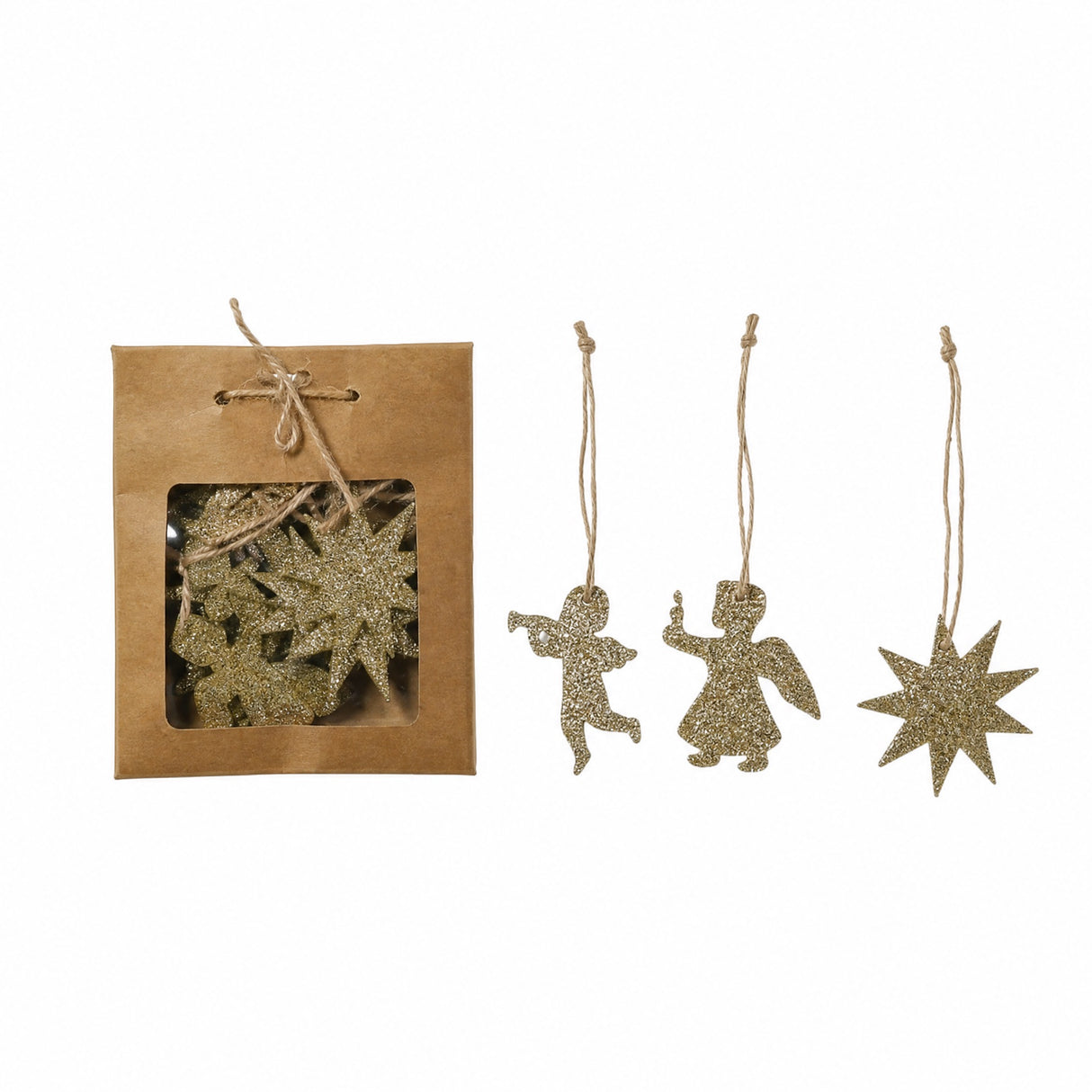 Wooden ornament with glitter and string