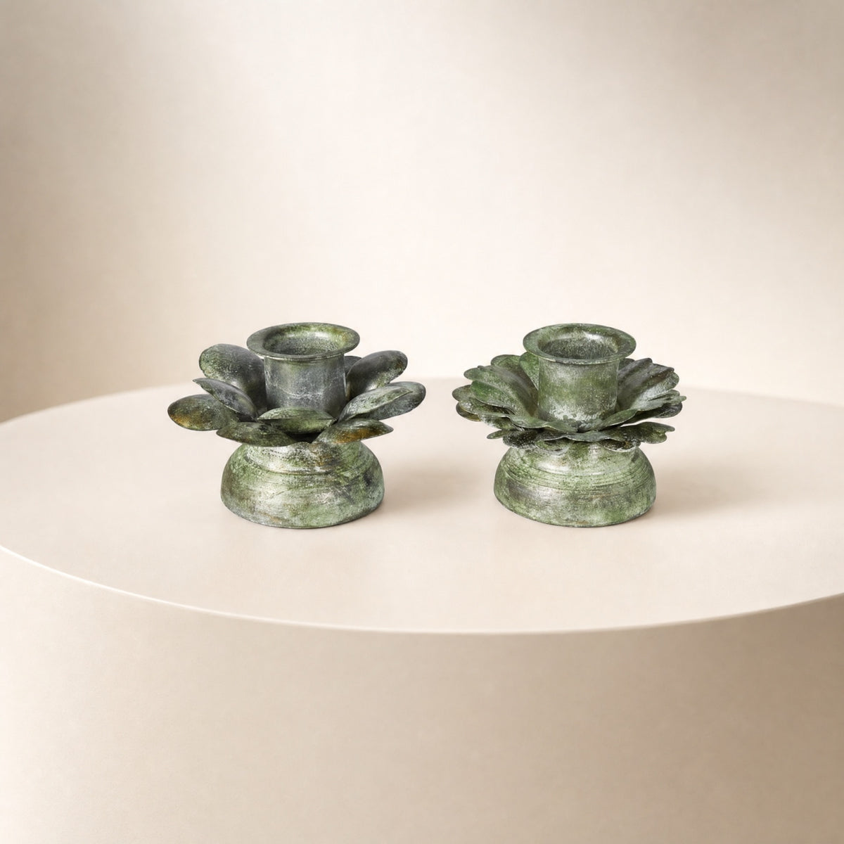 Small candlestick with leaves 5 cm high antique green