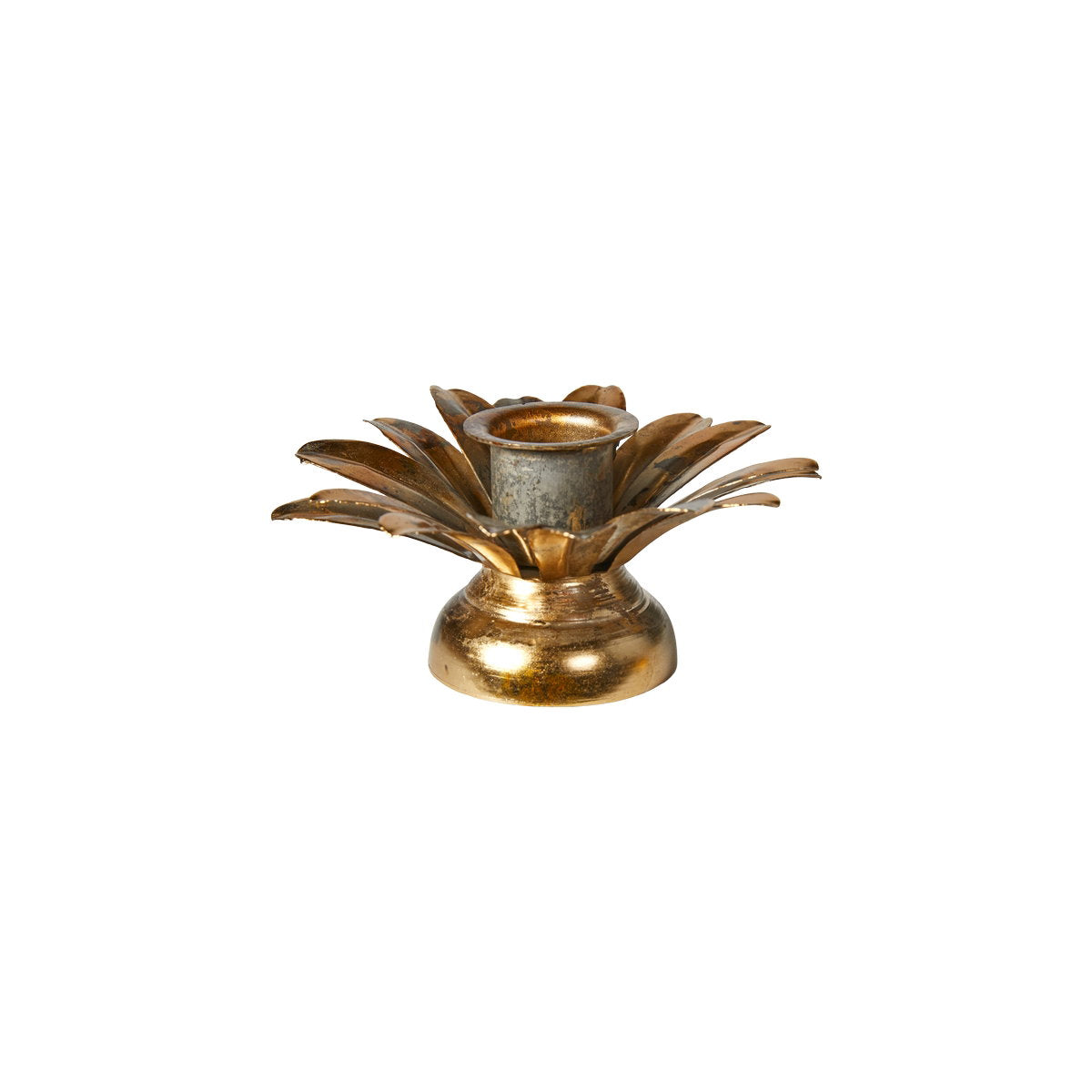 Candlestick for taper candles in antique gold-colored metal with many small decorative leaves from Speedtsberg