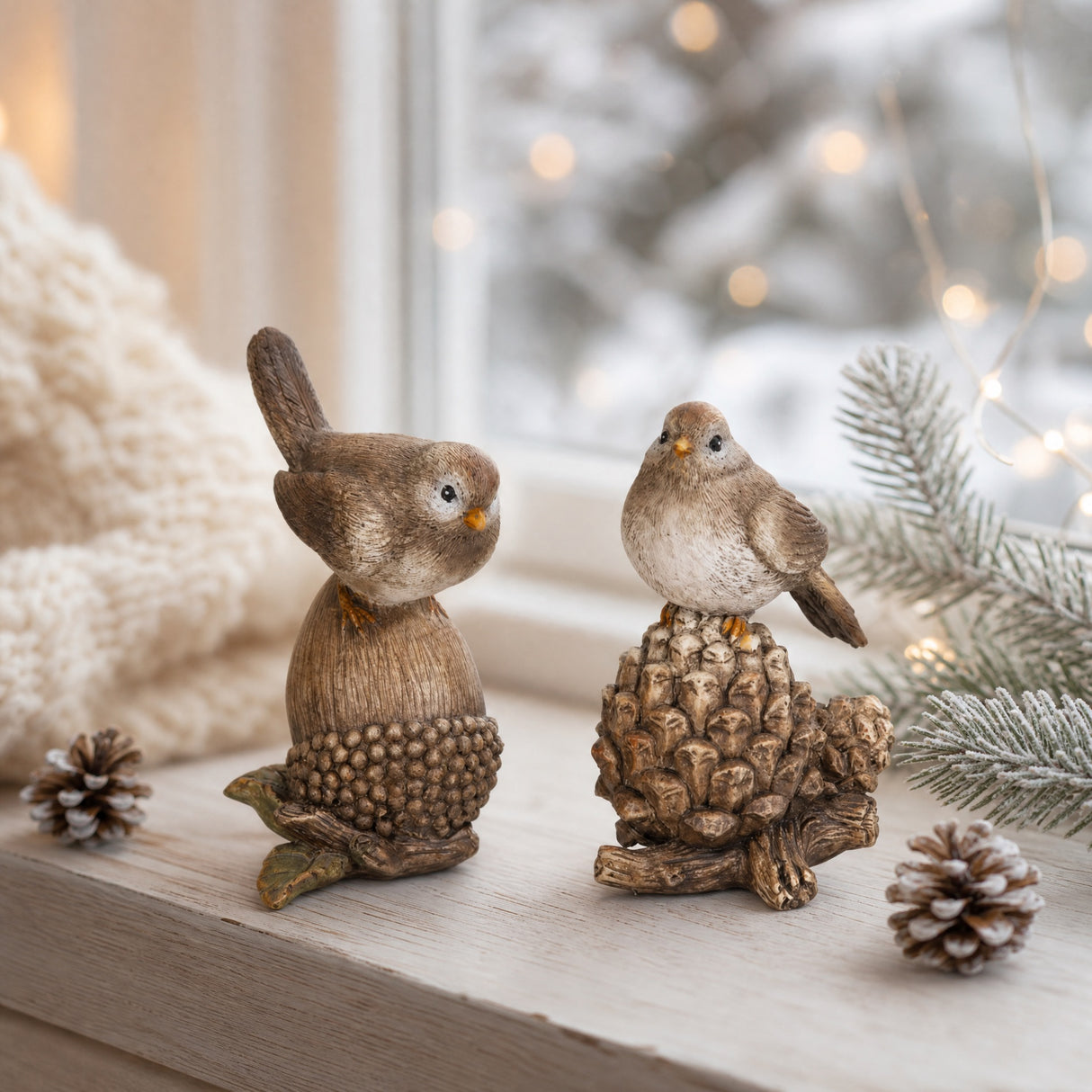 Bird sitting on pine cone/acorn