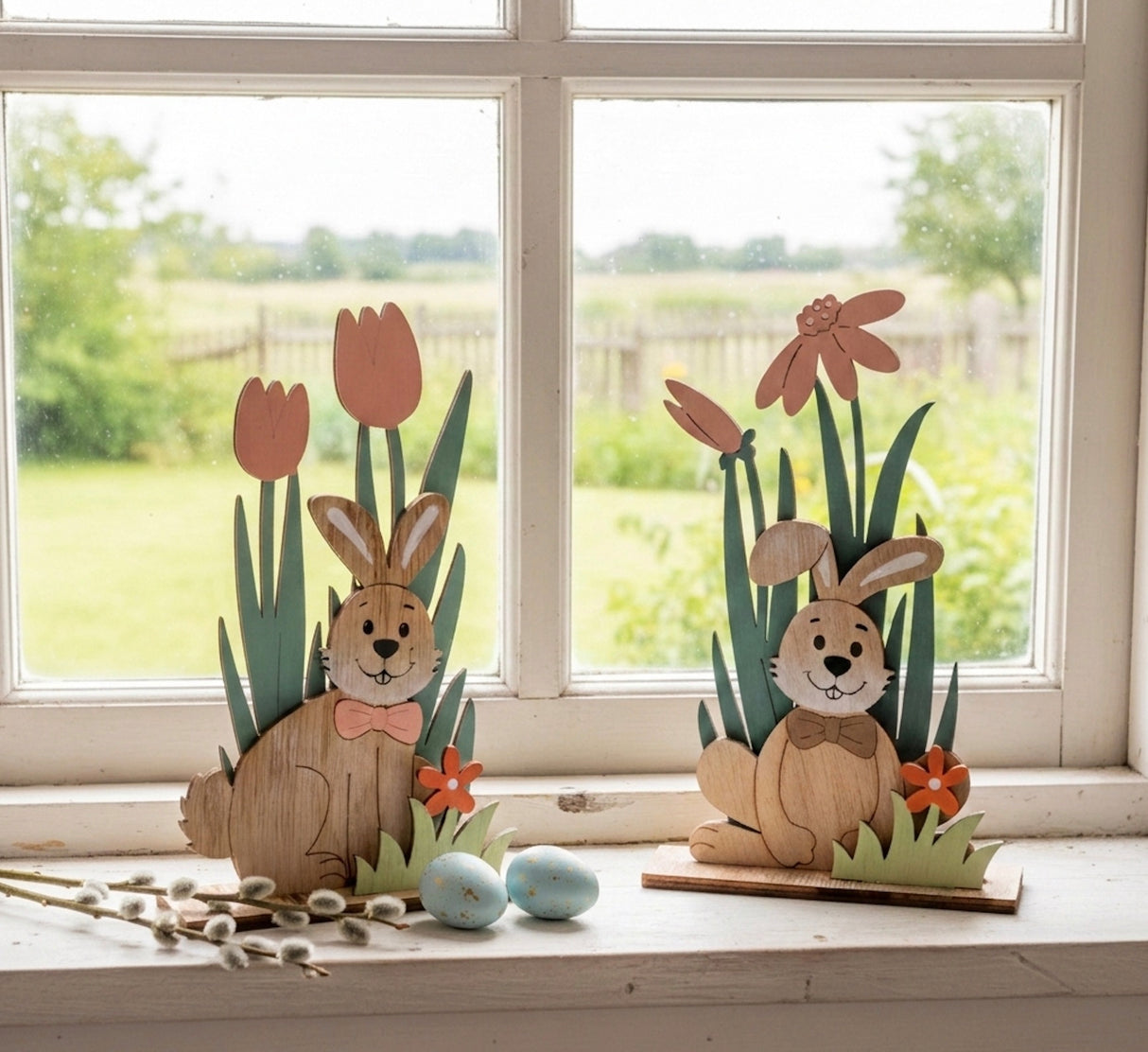 Søde påske kaniner i vindueskarm