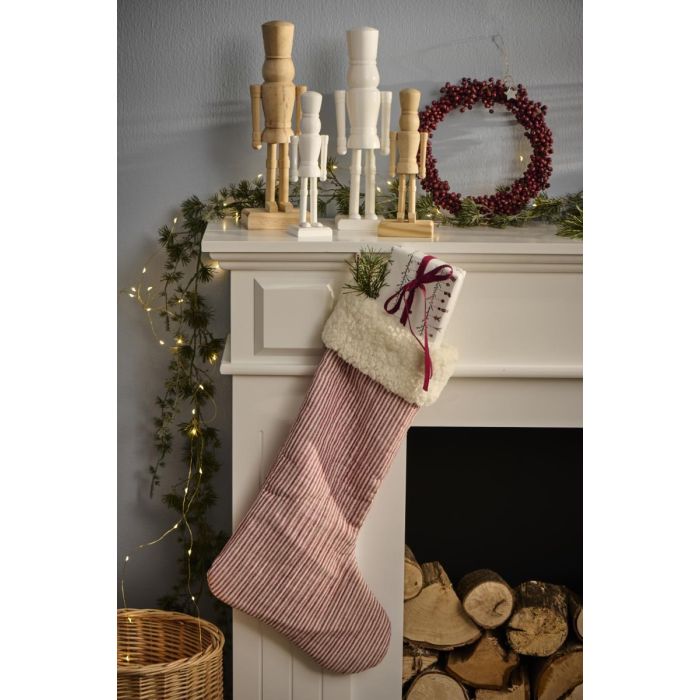 Julesok rød/hvidstribet med kunstig pelskant