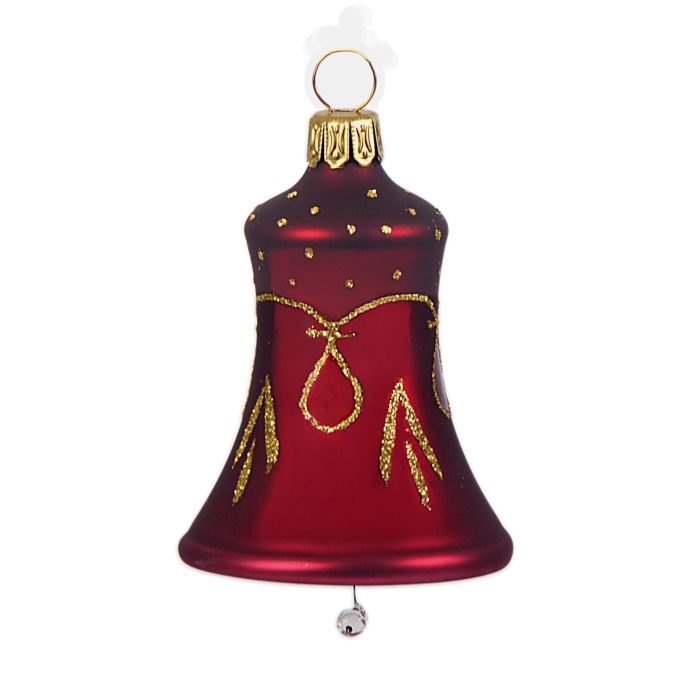 Mundblæste Juleklokker i smuk dyb bordeaux farve med guldmønster i glas fra Glasbläserei Thüringer Weihnachten. 