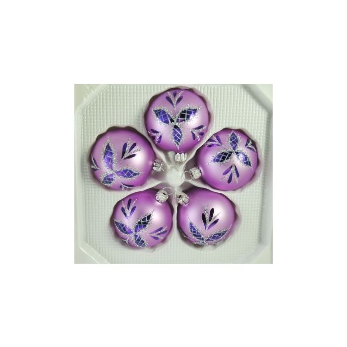 Matte purple Christmas balls with pattern 6 cm 5 pcs.