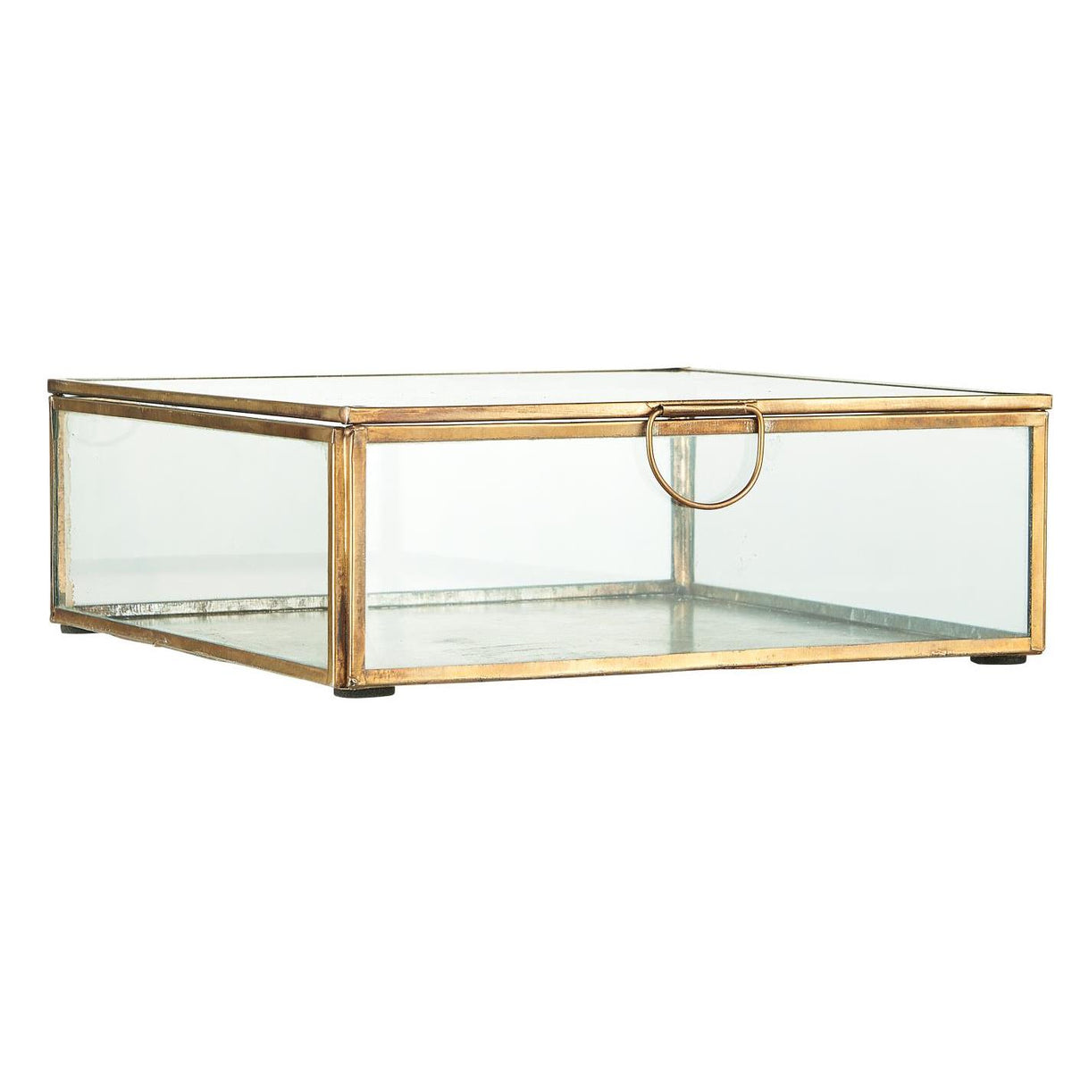 Square Solitaire glass box from Ib Laursen with lid, clear glass and an antique gold-colored metal frame