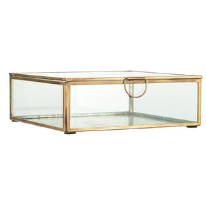 Square Solitaire glass box from Ib Laursen with lid, clear glass and an antique gold-colored metal frame