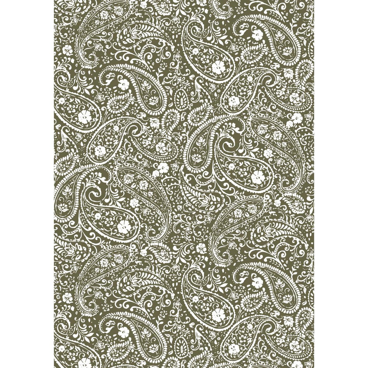 Green wrapping paper from Ib Laursen with detailed white paisley pattern, made from 100% recycled paper