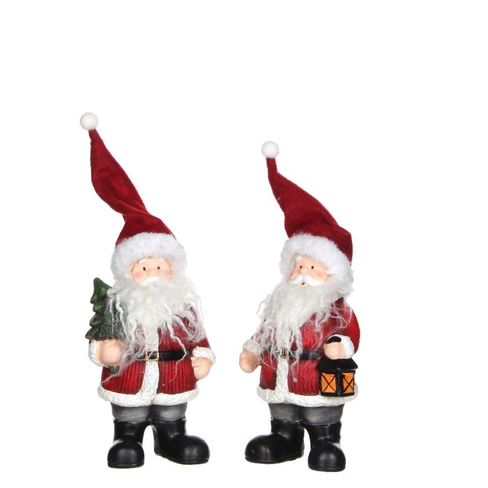 Rar julemand med langt hvidt skæg og lang nissehue i to varianter den ene med juletræ og den anden med lanterne. 