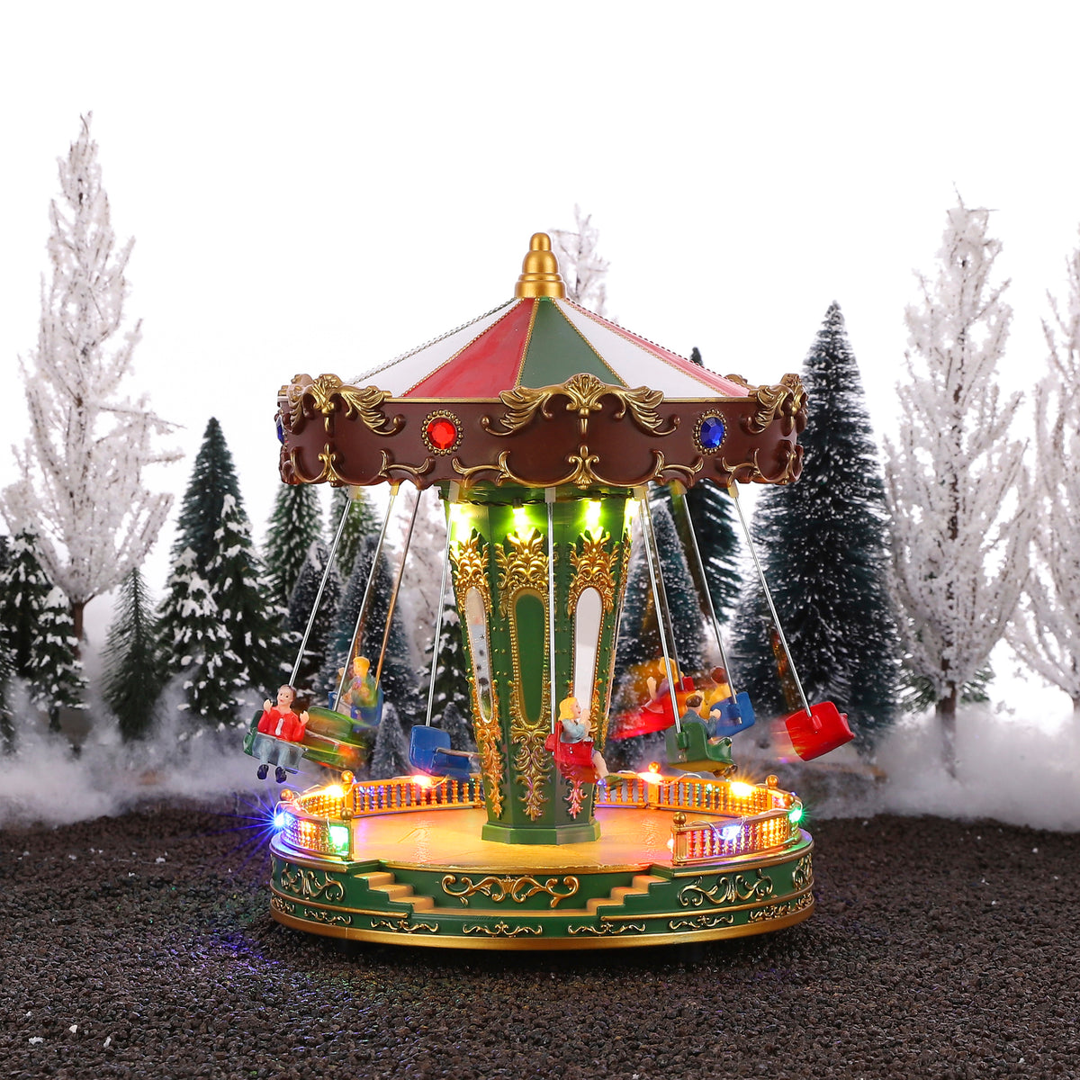 A carousel of people on swings in vibrant colors, full of light, joy, and movement — from LuVille.