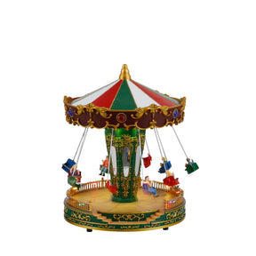 Carousel with people on swings in vibrant colors, with lights and motion — from LuVille