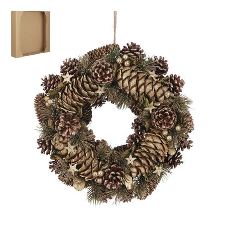 Julekrans med grankogler og glimmer i guld