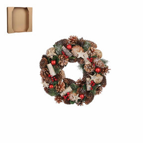 Krans med røde kugler og kogler