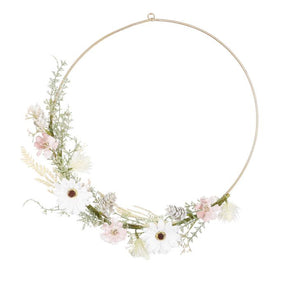 Dekorationsring med kunstige blomster i tørret look creme/lyserød