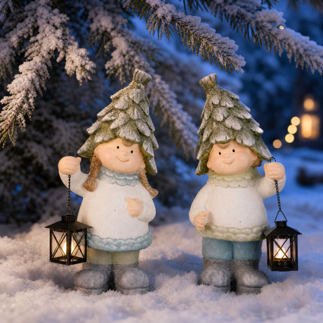 Winter children with cone hats and lanterns