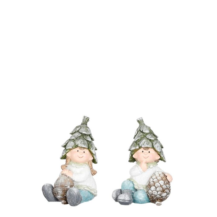 Vinterbørn med koglehatte siddende 