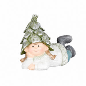 Recumbent winter children with cone hats