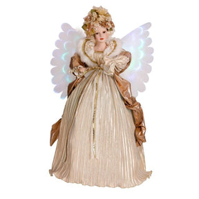 Stor engel fra House of Seasons med lysende, bevægelige vinger og beige/guld outfit med fine pailletter og pelskant.