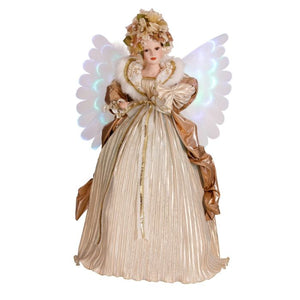 Stor engel fra House of Seasons med lysende, bevægelige vinger og beige/guld outfit med fine pailletter og pelskant.