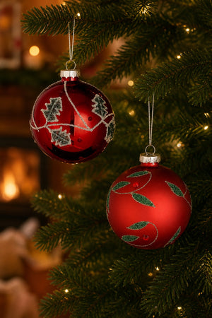 Red Christmas balls with leaves