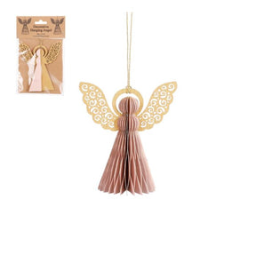 Håndlavet engel i god papirs kvalitet i lyserød med smuk mønster på vingerne i guld, guld glorie og guld snor, hvis den skal hænges op. Fra House of Seasons. 