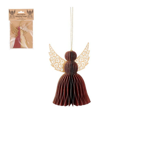 Håndlavet engel klippet i papir i mørkerød, men med guldvinger i smukt mønster og guldsnor til ophæng. Fra House of Seasons.