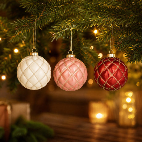 Christmas balls with a gold diamond pattern