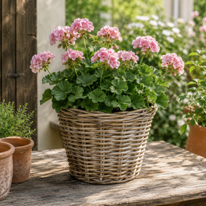 Marcia rund kurv med lyserød pelargonie i