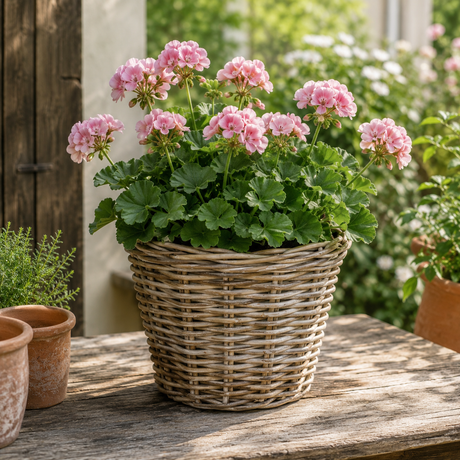 Marcia rund kurv med lyserød pelargonie i