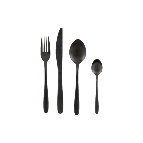 Gaffel, kniv, spiseske og teske i sort farvet rustfrit stål