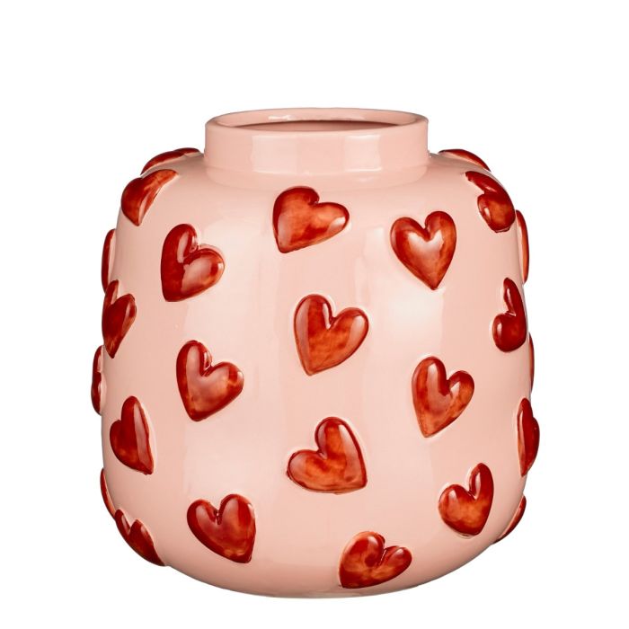 Vase lyserød med røde hjerter 28 cm høj