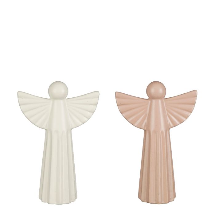 Engle i porcelæn, står med udspredte rillede vinger i to forskellige varianter hvid og rosa, fra House of Seasons. 