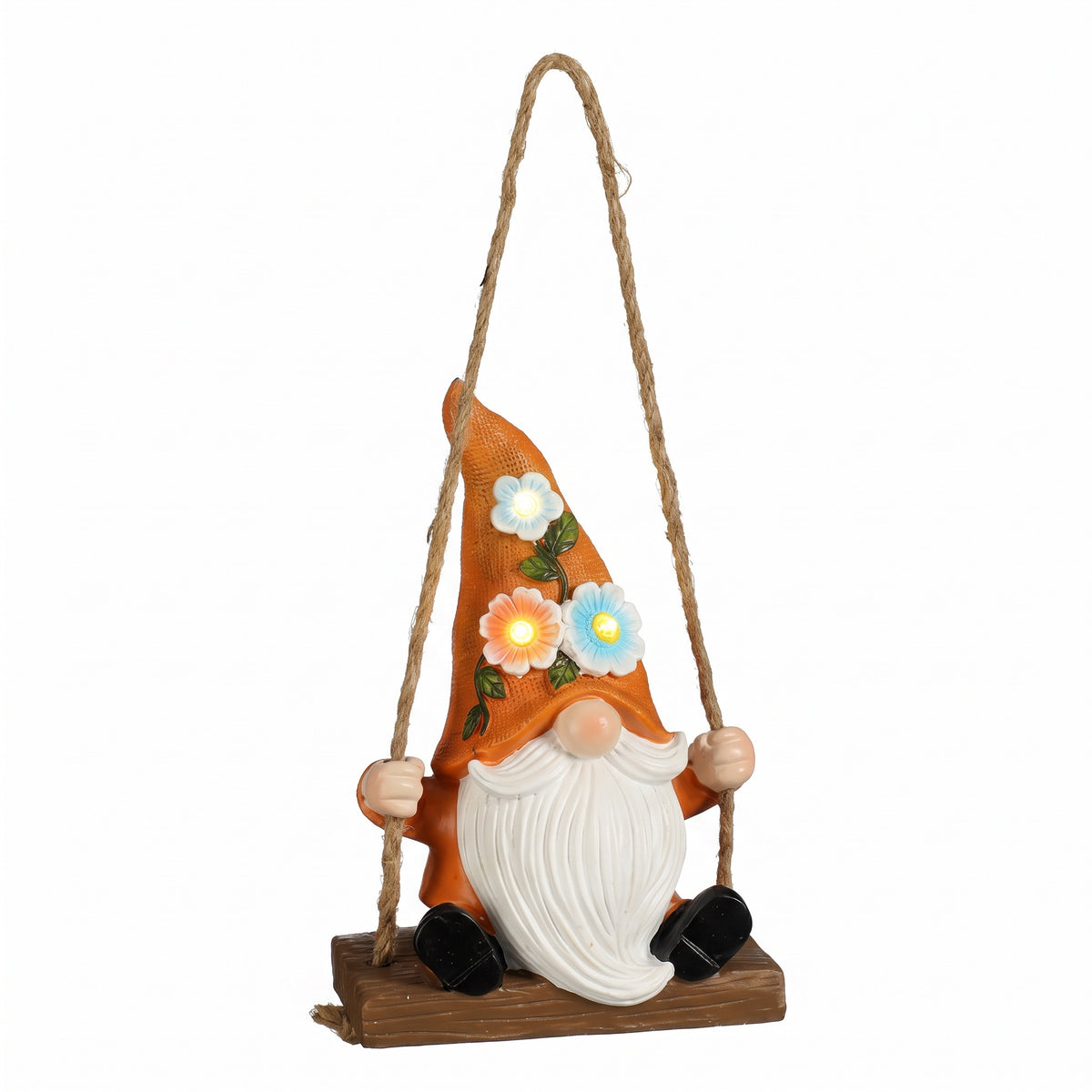Garden gnome on swing with solar lights