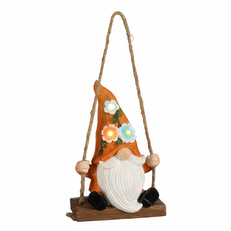 Garden gnome on swing with solar lights