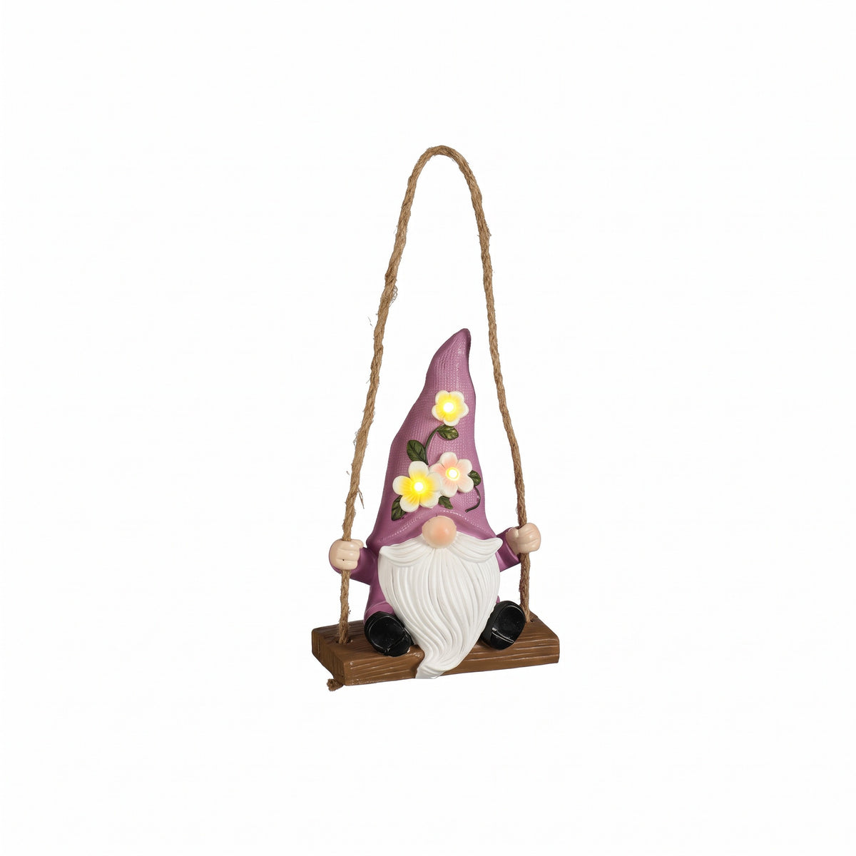 Garden gnome on swing with solar lights