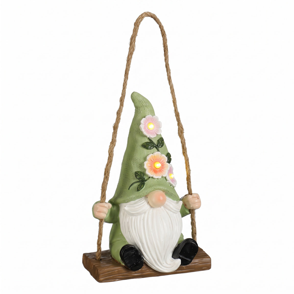Garden gnome on swing with solar lights
