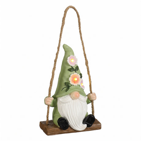 Garden gnome on swing with solar lights