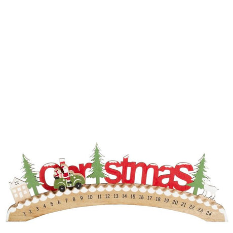 Julekalender i træ med bil, Santa i bil, og tal 1-24