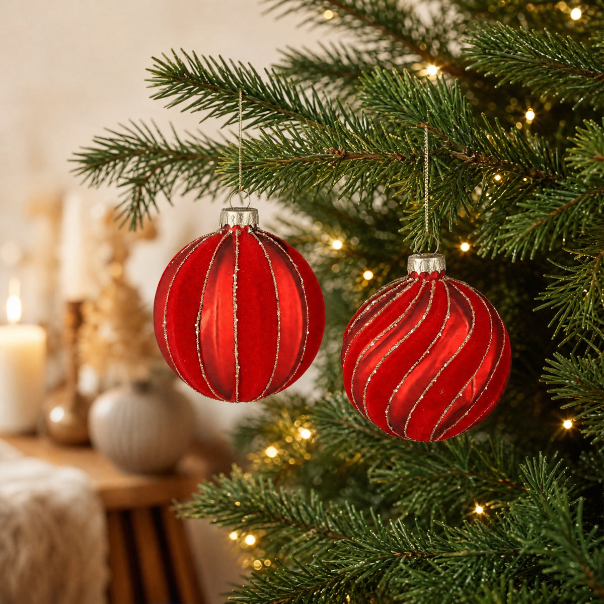Red Christmas Bauble with Striped Pattern, 8 cm Diameter