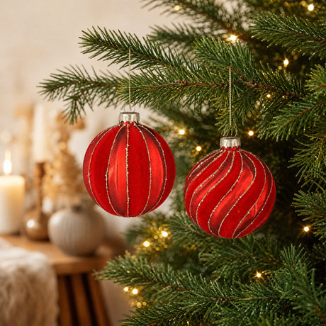 Red Christmas Bauble with Striped Pattern, 8 cm Diameter