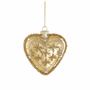 Gold-colored glass Christmas heart ornament with decorations