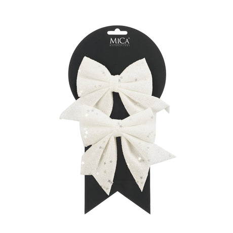 White glitter bows, 12 cm wide, pack of 2 for decoration
