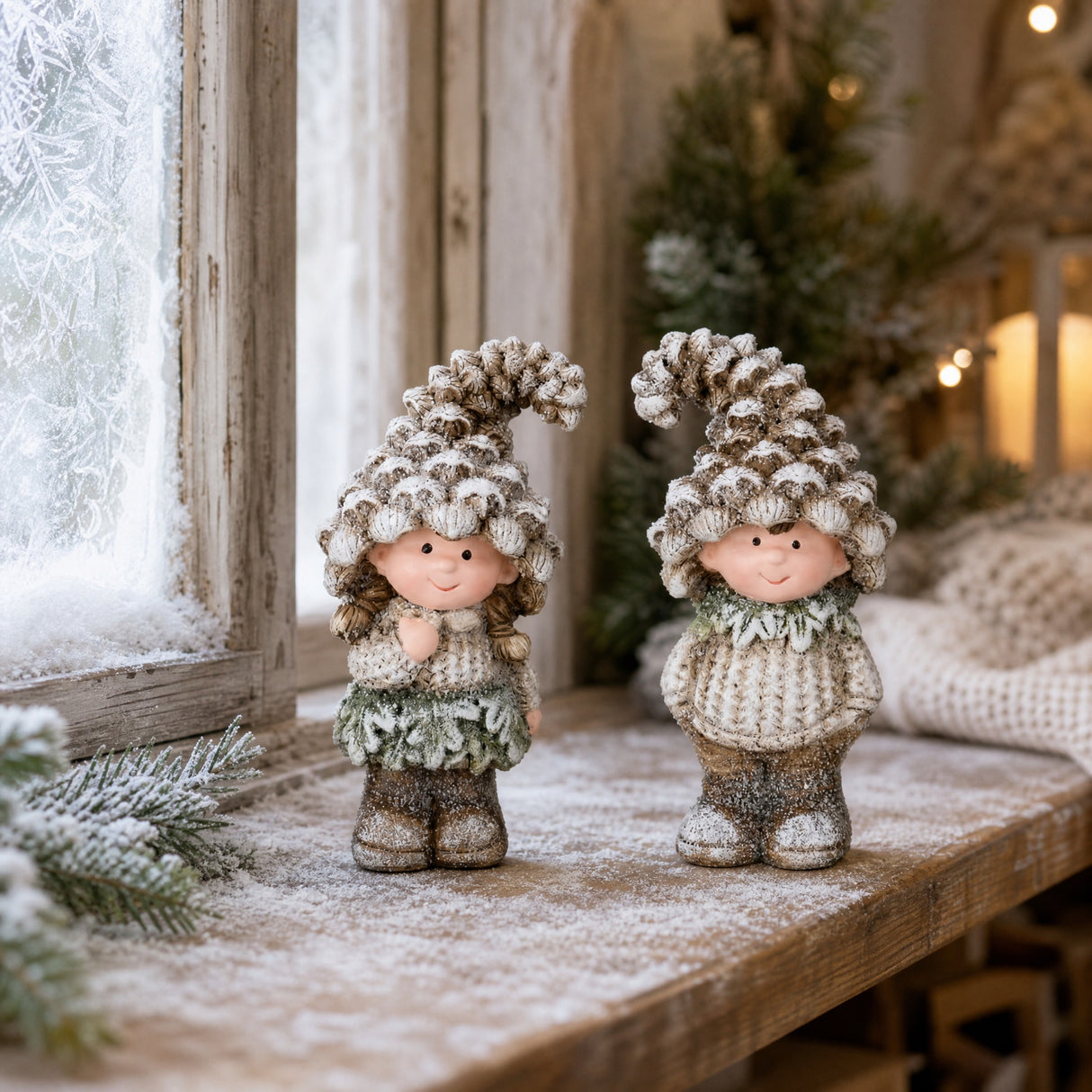Winter children with pine cone hats