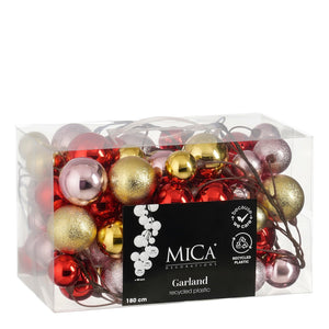 Garland with Christmas baubles made from recycled plastic in red, pink and gold