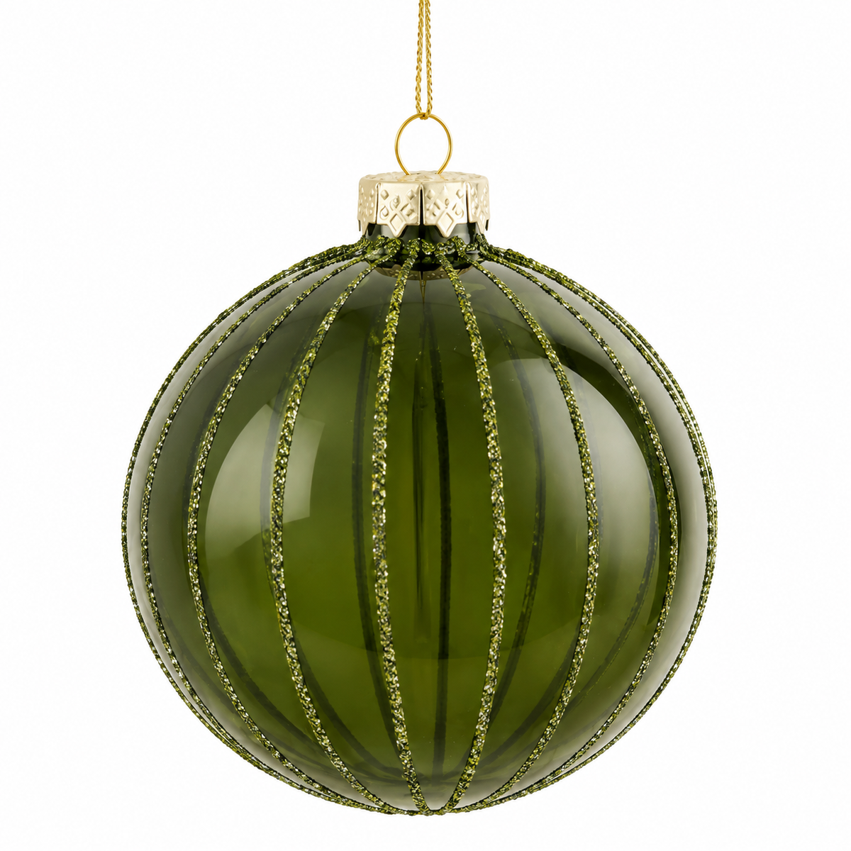Round clear olive-green glass Christmas bauble with glitter stripes from Mica Decorations