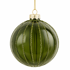 Round clear olive-green glass Christmas bauble with glitter stripes from Mica Decorations