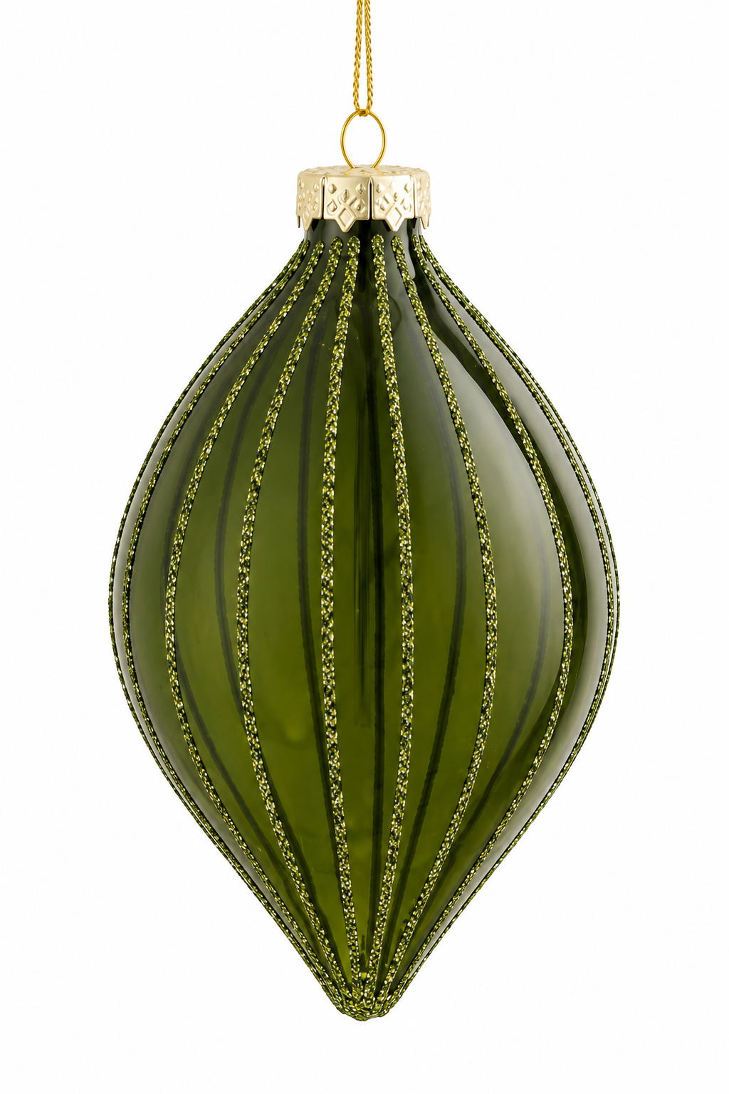 Teardrop-shaped Christmas ornament in clear olive-green glass with glitter stripes from Mica Decorations