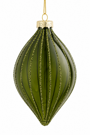 Teardrop-shaped Christmas ornament in clear olive-green glass with glitter stripes from Mica Decorations