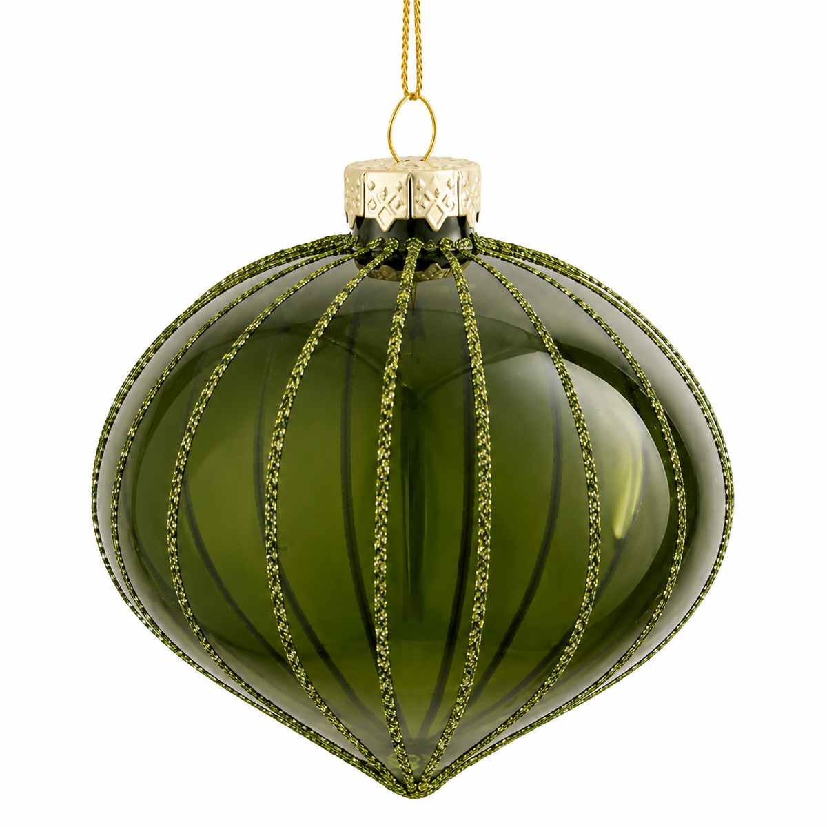 Onion-shaped Christmas bauble in clear olive-green glass with glitter stripes from Mica Decorations