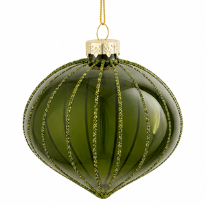 Onion-shaped Christmas bauble in clear olive-green glass with glitter stripes from Mica Decorations