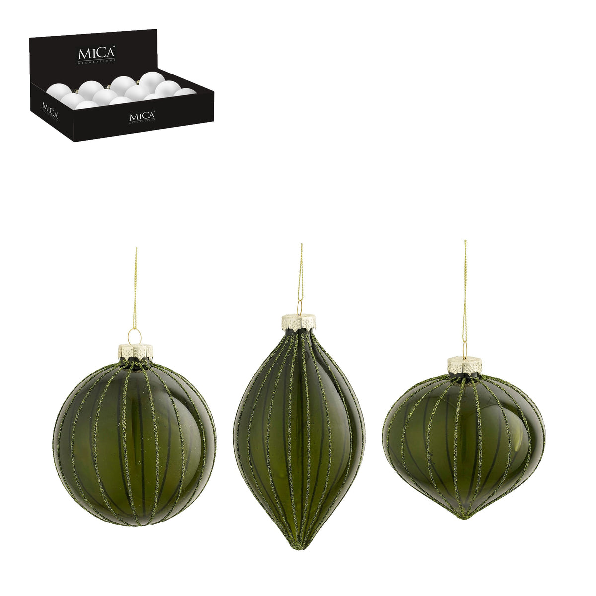Olive-green glass Christmas baubles from Mica Decorations with glittering stripes and grooves in three different shapes: round, teardrop-shaped and onion-shaped